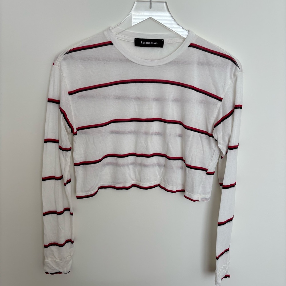 Reformation White Cropped Long-Sleeve Top with Red and Black Stripes